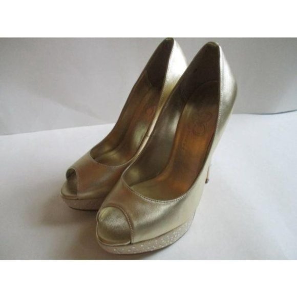 Mariah Carey Gold Champagne Rhinestone Peep Toe Stiletto Pumps - Size 6 - Picture 6 of 8